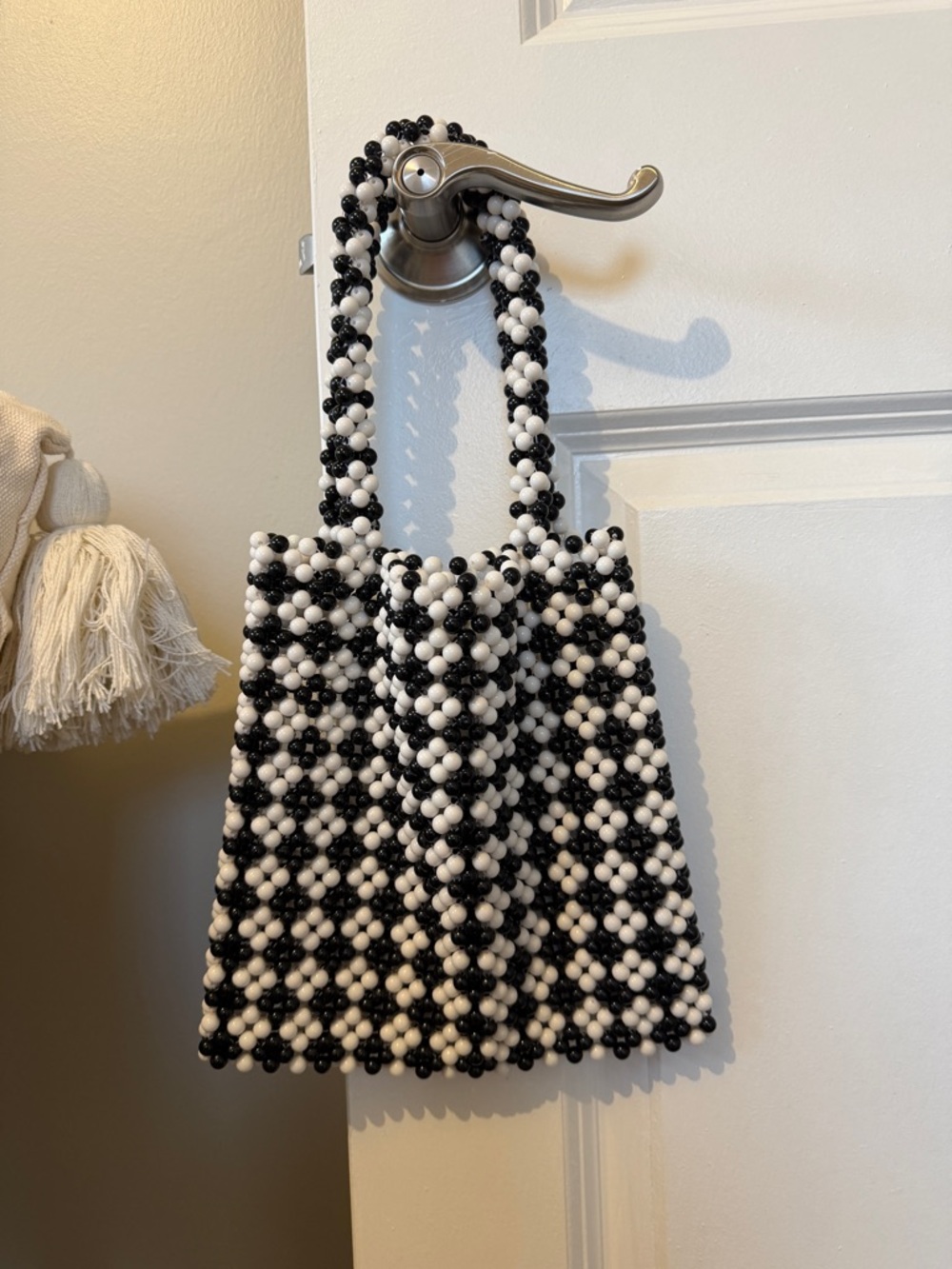 Beaded Black & White Small Tote Bag